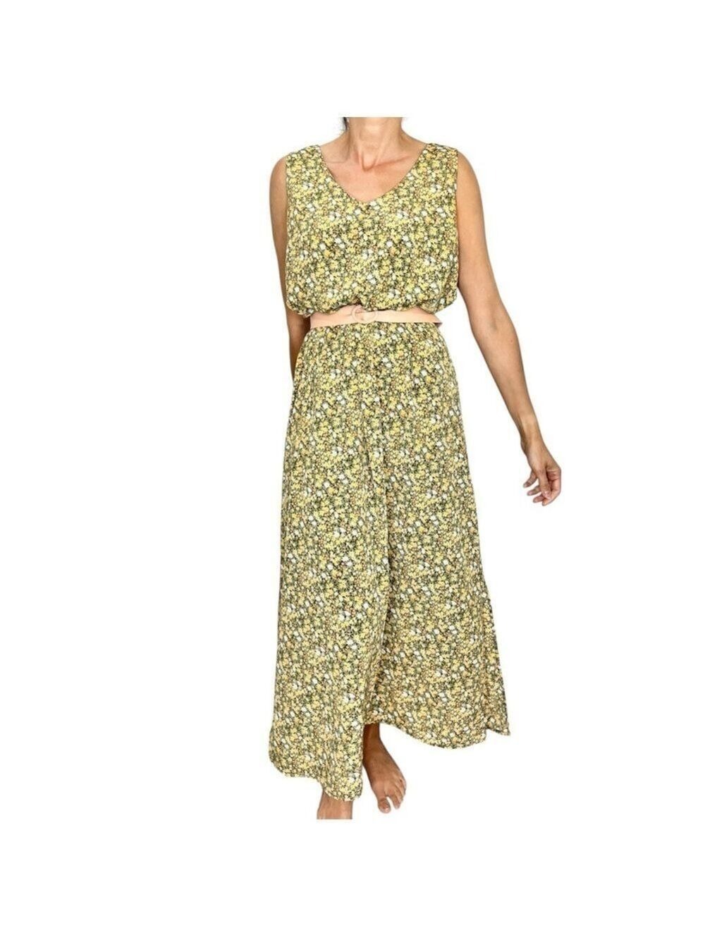 Vintage 90s Canadian made green orange peach floral sleeveless maxi dress 15/16 - Picture 3 of 13